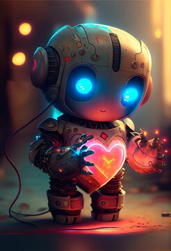 Portrait of a futuristic robot with a mechanical neon heart in his hands. An artistic abstract cyberpunk fantasy. The concept of the modern robot. Generative AI Art