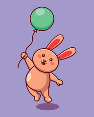 cute rabbit flying with balloon vector illustration