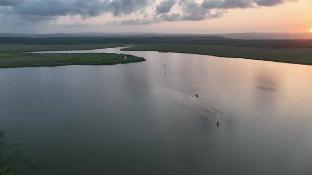 Canoe in the Sunset Time Drone Video, Mert Lake İgneada, Kirklareli Turkey