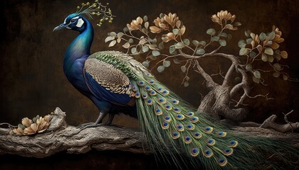 A beautiful and elegant scene of a peacock sitting on a branch among a textured background. The peacock's vibrant feathers and proud posture create a sense of grace and beauty. generative ai