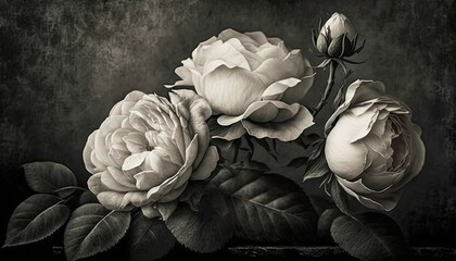A beautiful and elegant scene of black and white vintage roses on a textured background. The roses are delicate and graceful, vintage charm. The mood is sophisticated and elegant generative ai