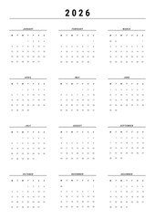 2026 Black and white calendar