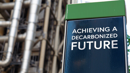 Achieving a decarbonized future on a sign in front of an Industrial building	
