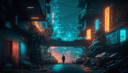 Futuristic sci-fi cyberpunk city with glowing neon lights at night. Generative Ai Digital Illustration