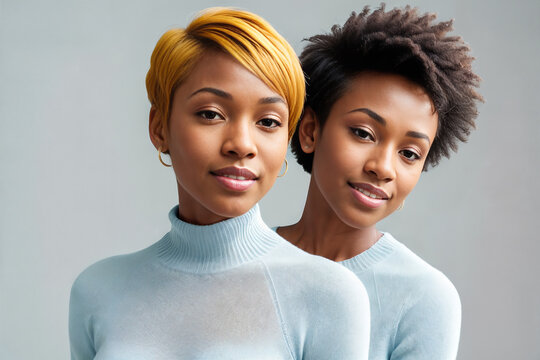 Two african women friends in sweaters on a blue background. Generative AI