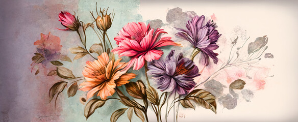 Pastel Flowers. Watercolor. Nature. Wallpaper background. Generative AI.