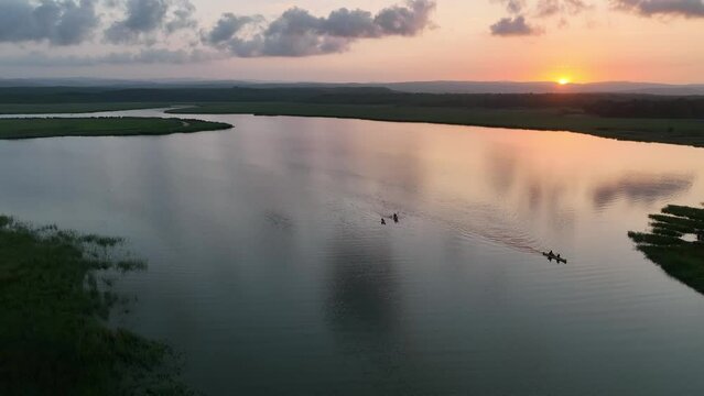 Canoe in the Sunset Time Drone Video, Mert Lake İgneada, Kirklareli Turkey