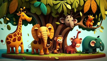 Tuinposter Jungle Playtime: A fun and lively scene of cute animals having fun on the branches in the tropics. The animals full of energy, each with unique expressions and poses. The mood is light generative ai © 3D Station