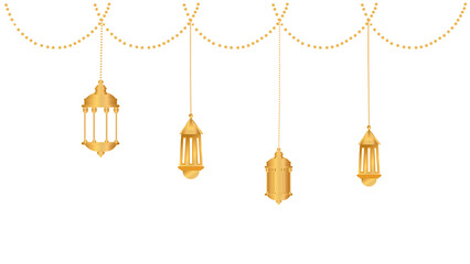 Fototapeta na wymiar Arabic traditional Ramadan Kareem eastern hanging golden lanterns strings on PNG white transparent background wallpaper, Vector stock illustration 05