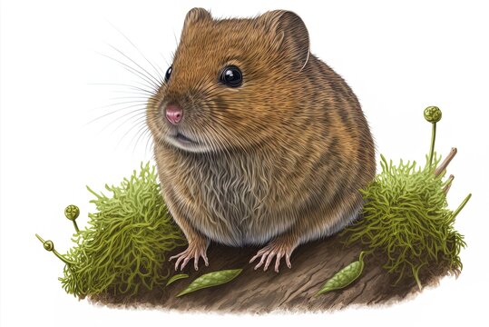 In front of a white backdrop is a bank vole, myodes glareolus (previously clethrionomys glareolus). Generative AI