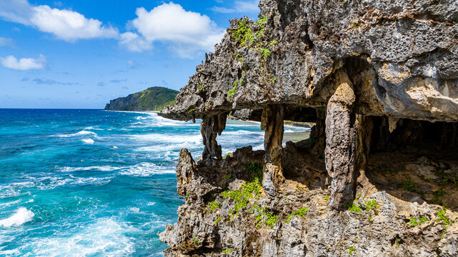 Aerial of La Gueule du Monstre (the Monster's Mouth) cave, Rurutu, Austral islands, French Polynesia, South Pacific, Pacific