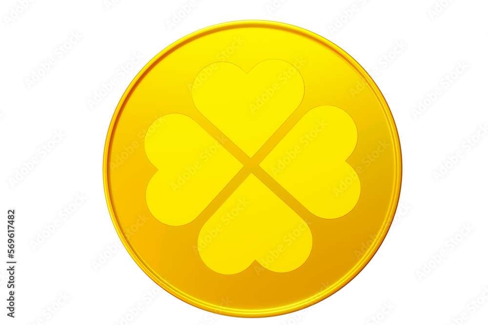 Poster patrick day. one gold coin with clover on an isolated background. close-up 3d render