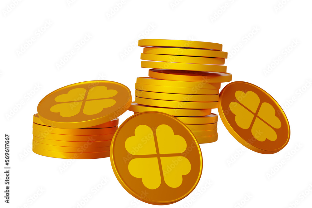 Poster patrick day. pile of gold coins with clover on an isolated background. 3d rendering