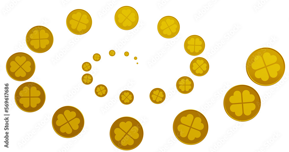 Poster patrick day. spiral shape from golden coins with clover on isolated background. 3d rendering
