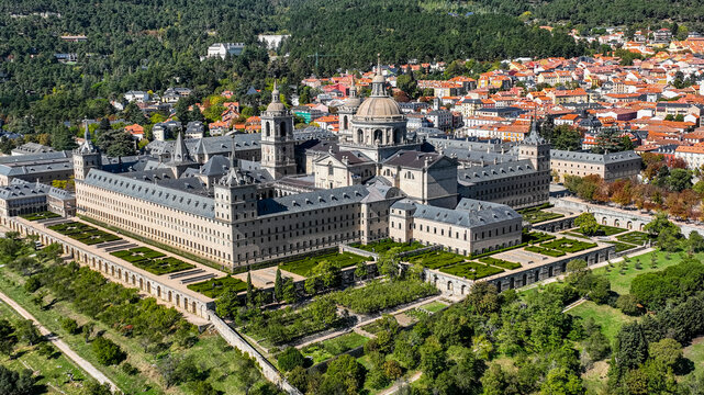 Aerial of El Escorial (Royal Site of San Lorenzo de El Escorial), UNESCO World Heritage Site, near Madrid, Spain, Europe