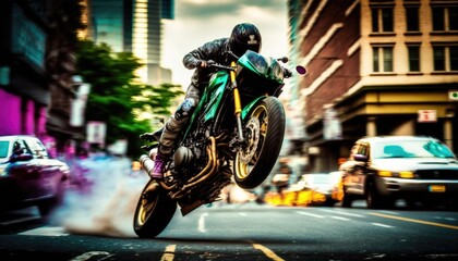 Obraz na płótnie Canvas Streetbike doing wheelie in the city, sketch style, colorful, wide lens