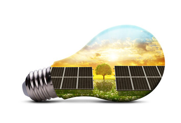 Eco LED light bulb with solar energy panels isolated on transparent background, PNG. Concept of green energy.	 - 569618220