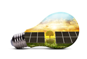 Eco LED light bulb with solar energy panels isolated on transparent background, PNG. Concept of green energy.	