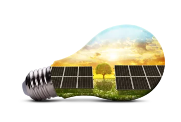 Eco LED light bulb with solar energy panels isolated on transparent background, PNG. Concept of green energy.  © vencav