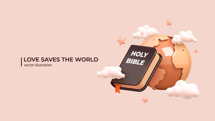 3D Bible and Earth. Realistic 3d design of Holy Bible Earth Planet with Clouds and Stars around. Better World Concept in cartoon minimal style. Vector illustration