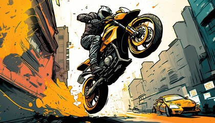 Streetbike doing wheelie in the city, sketch style, colorful, wide lens