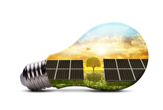 Eco LED light bulb with solar energy panels isolated on transparent background, PNG. Concept of green energy.	