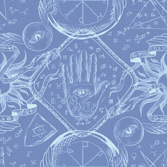 Seamless pattern with magical elements: hands, stars, sun,moon,eyes.