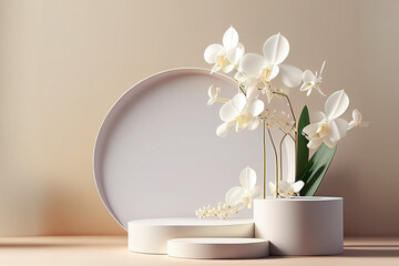 3D podium, pedestal round frame on beige background with vases of white orchid flowers. Fresh beauty or tropical summer vibes with copy space. Holiday, vacation 3d render with empty space	
 - obrazy, fototapety, plakaty