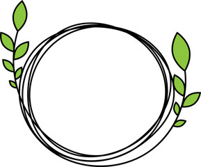 Hand drawn circle frame decoration element with leaves and flowers clip art