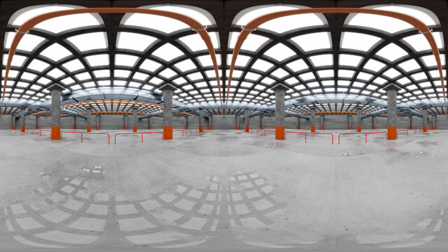 HDRI 360 panorama of empty parking space with lamps on the ceiling. 3D render