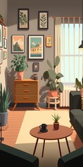 The living room is decorated with furniture, small plant pots and picture frames. Generative AI