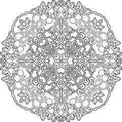 Rounded mandala with flowers and leaves line art, coloring page book