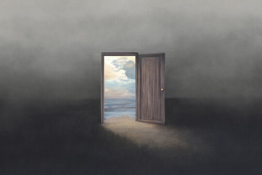 Illustration of open dreams door, surreal abstract concept