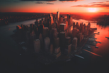 Manhattan Financial District Skyline. New York City skyscraper at sunset, aerial view. NYC skyscrapers Cityscape. Building in New York One World Trade Center. New York city, Ai Generative illustration