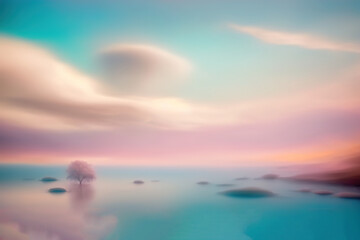 Fototapeta premium surreal beautiful panorama of sunset under the calm lake, generative ai backdrop with pink and blue sky and water surface with a blooming tree on background