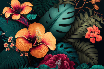 Tropical flowers and leaves background. AI	