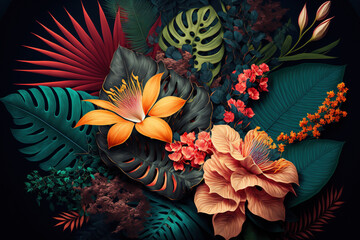 Fototapeta na wymiar Tropical flowers and leaves background. AI 
