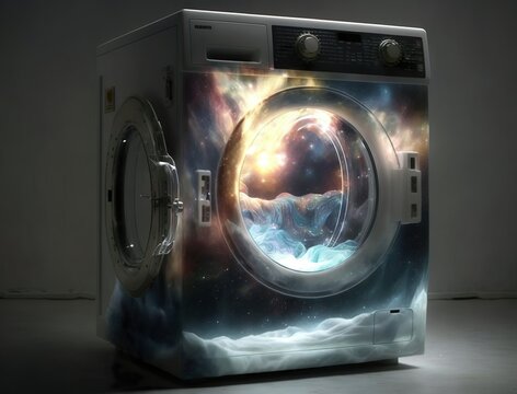 Portal zu einem Universum innerhalb einer magischen Waschmaschine im Dunkeln, KI generiert