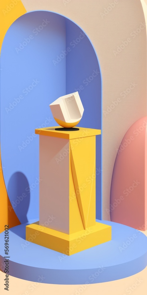 Poster scene in the background with a podium, a simple mock up product display, and a geometric shape item.