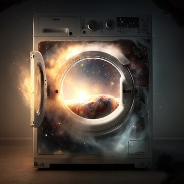Portal zu einem Universum innerhalb einer magischen Waschmaschine im Dunkeln, KI generiert