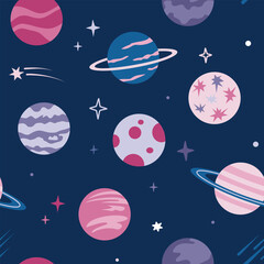 Naklejka premium Seamless pattern with cute roses and lilac cartoon planets and stars on a dark blue background. Cosmic background.