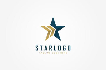 Star Logo Concept. Blue Geometric Star with Gold Double Arrows isolated on White Background. Flat Vector Logo Design Template Element for Business and Branding Logos.