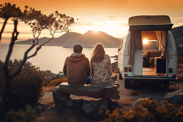 Young couple sits on a hill above the sea next to their camper van and looks at the sunset, generative ai
