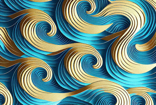 Waves pattern abstract background, blue and gold volumetric waves texture, imitation of watercolor painting created with Generative AI technology