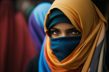 Fototapeta premium Young woman in traditional Muslim hijab portrait close-up with her face covered on a city street among a crowd of people, colorful hijab headscarf. Generative AI