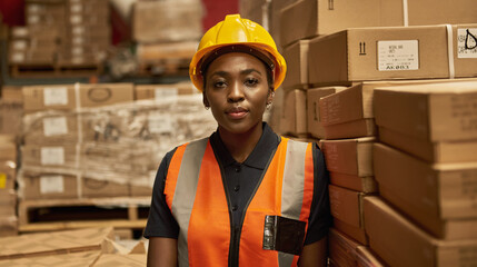 Young African female warehouse worker standing by stacks of boxes