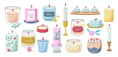 Decorative wax and paraffin candles with different candlesticks. Interior cozy objects, glass jars, ceramic vessels, substrates, vector set