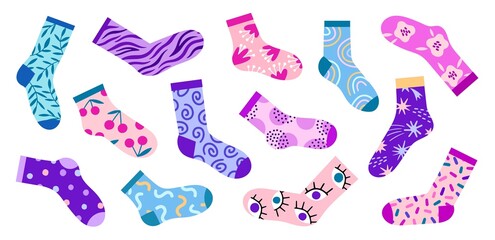 Patterned trendy socks. Cotton footwears, modern designs, girly shades, colorful textile clothing elements, cartoon objects, vector set