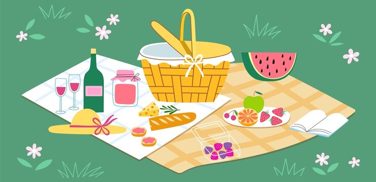 Picnic food composition. Wicker basket, blankets in green clearing, romantic outdoor lunch, watermelon, wine and baguette, vector concept