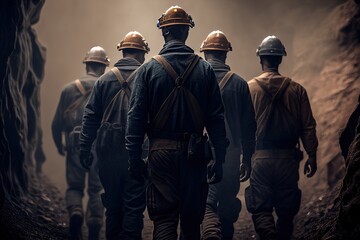Group Of Mine Workers Wearing Hardhats And Helmets Go Into Pit Generative AI